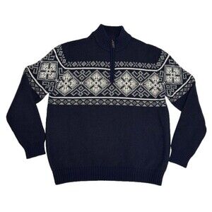 Izod Nordic Fair Isle Quarter Zip Sweater Mens XL Navy Blue Poly Blend Christmas